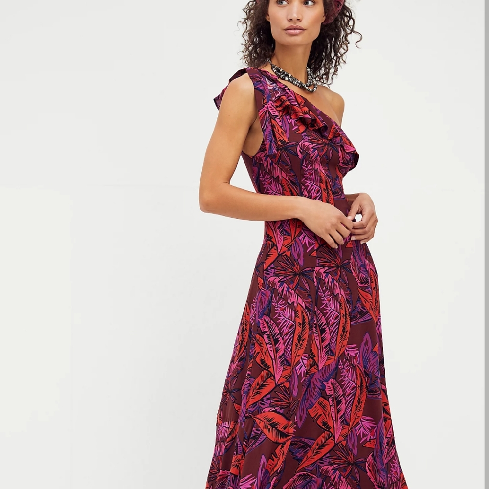 Free People One-Shoulder Burgundy Red and Purple Leaf Print Dress